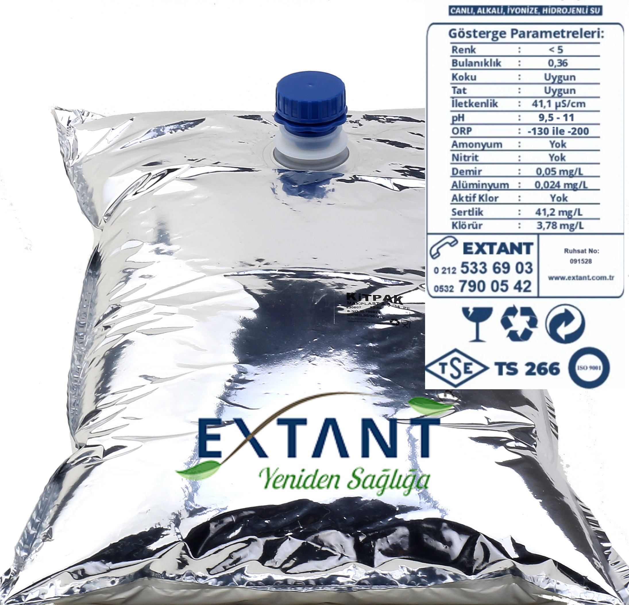 Ozonlu İyonize Alkali Hidrojenli Canlı Su 9,5-11 pH -130 -200 ORP ve Hidrojen 5 Litre